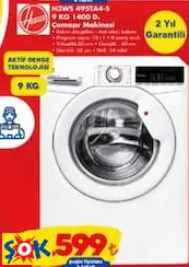 HOOVER H3WS 495TA4-S 9 KG 1400 D. ÇAMAŞIR MAKİNESİ